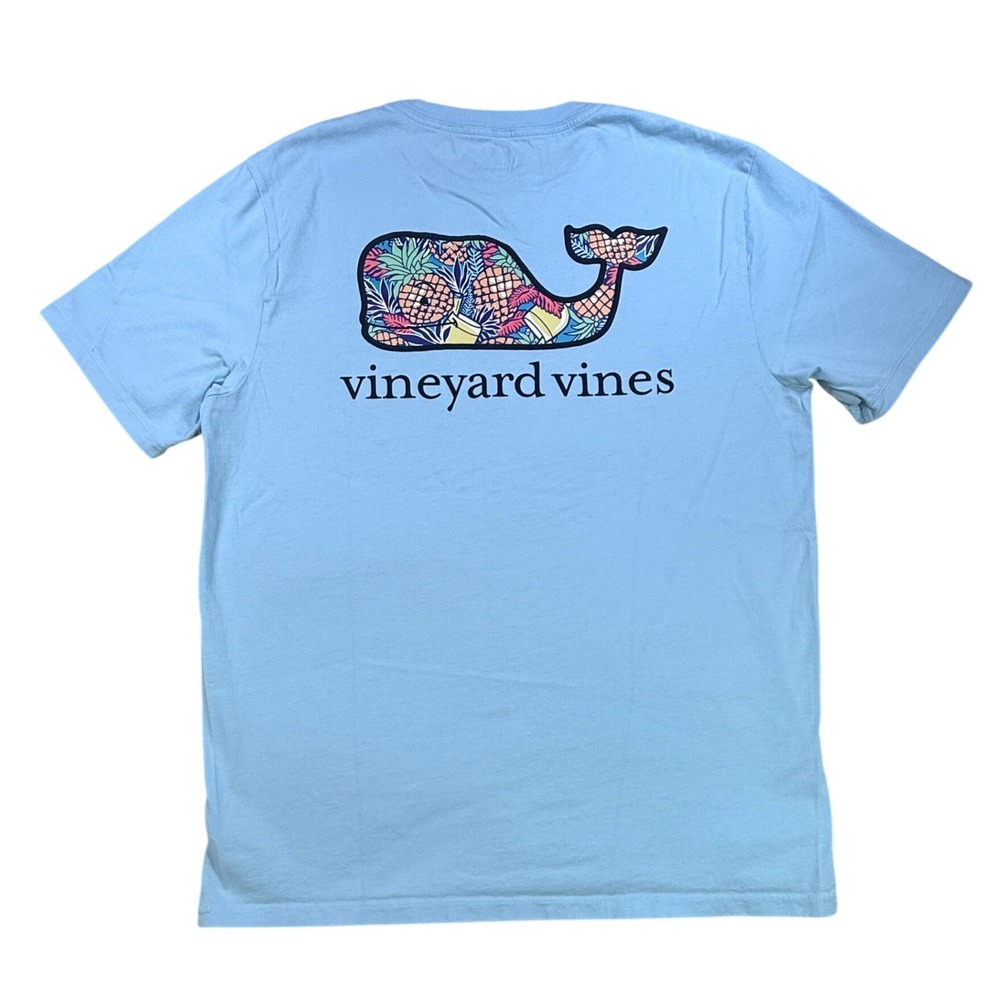 Vineyard Vines Mens T-Shirt Tropical Pineapple Whale Pocket Medium Blue Cotton - Picture 4 of 11